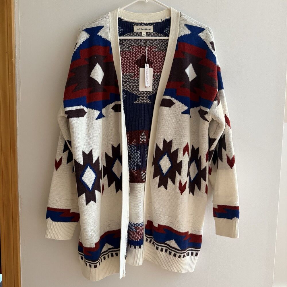 Lucky Brand Womens Aztec Navajo Geometric Open Front Cardigan Southwestern L NWT